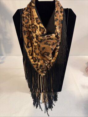 Leopard Print Fringe Triangle Scarf - Brown and Black